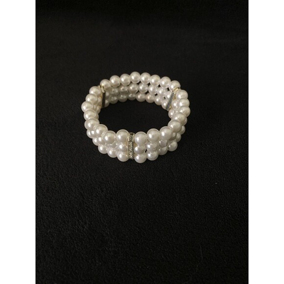 3 Rows Faux Pearl Rhinestone Stations Stretch Bangle Bracelet - Nice! - Picture 1 of 4